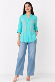 Voxelle Aqua Bloom Embroidered Sheer Shirt