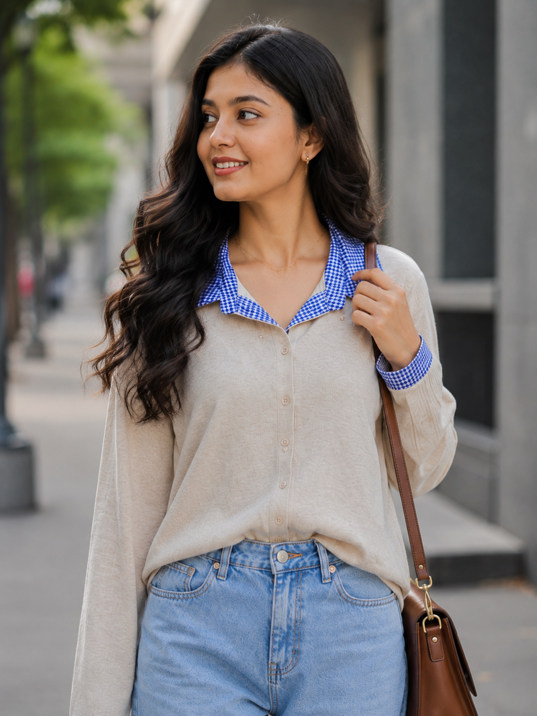 Voxelle Beige Knit Top with Blue Check Collar for Women
