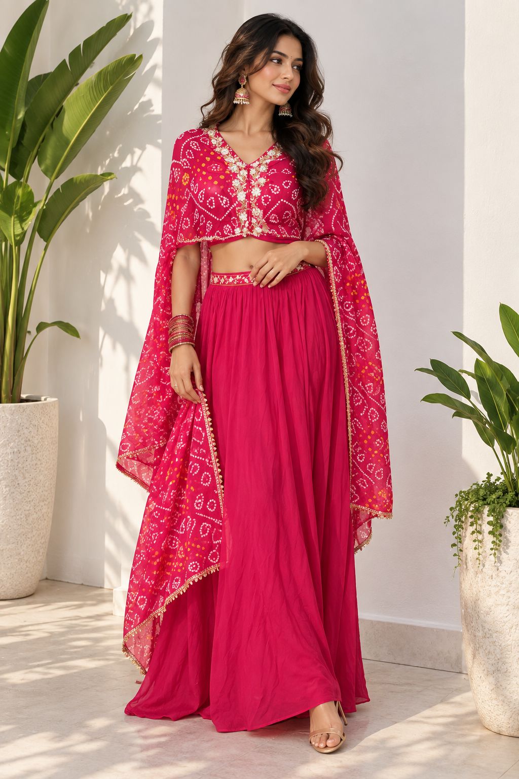 Voxelle Women’s Pink Bandhani Print 3-Piece Lehenga Set with Embroidered Blouse & Dupatta