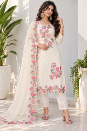 Voxelle Women’s Ivory Floral Embroidered Kurta Set with Dupatta | Festive Ethnic Wear