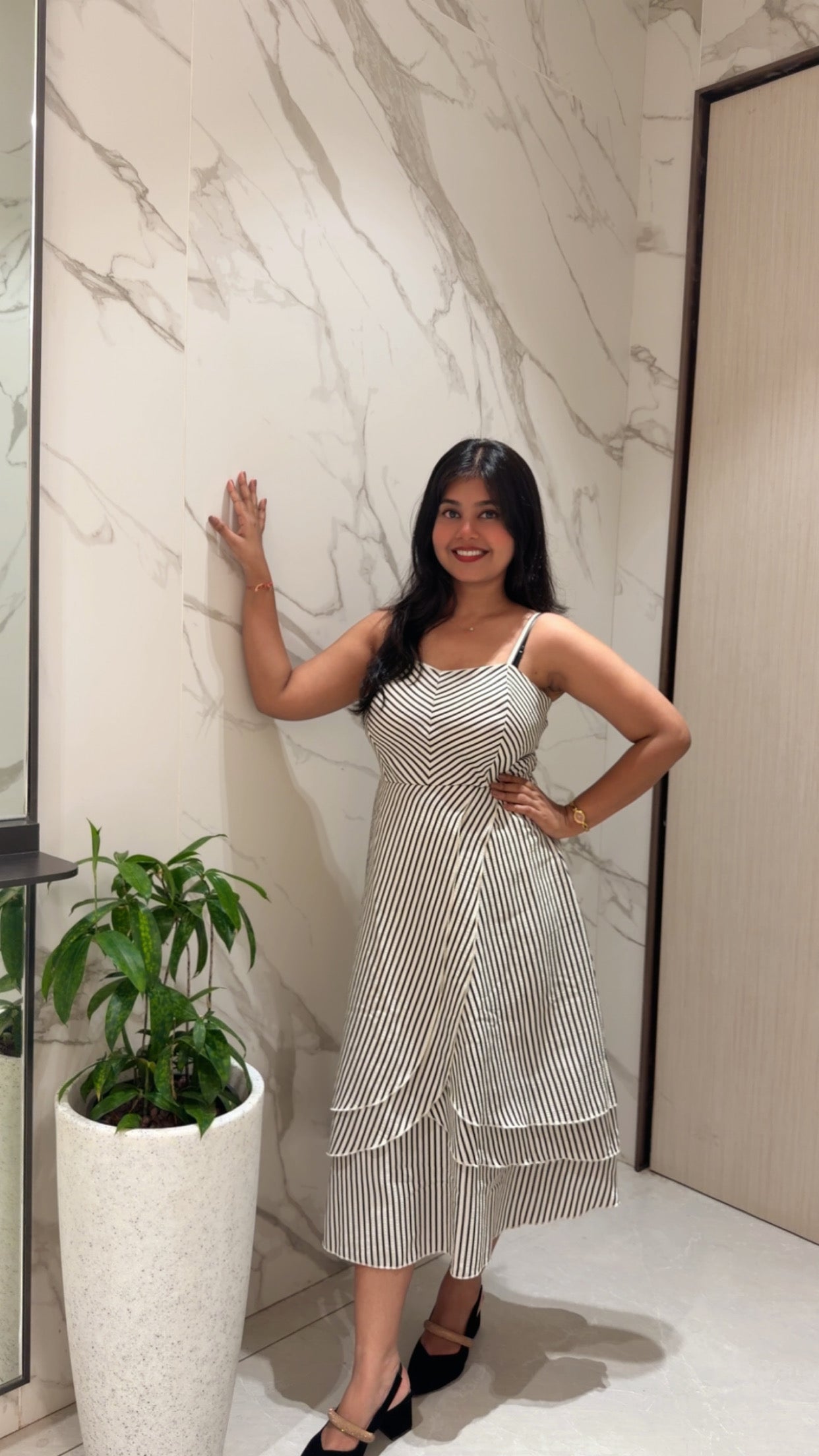 Voxelle Monochrome Stripe Layered Midi Dress