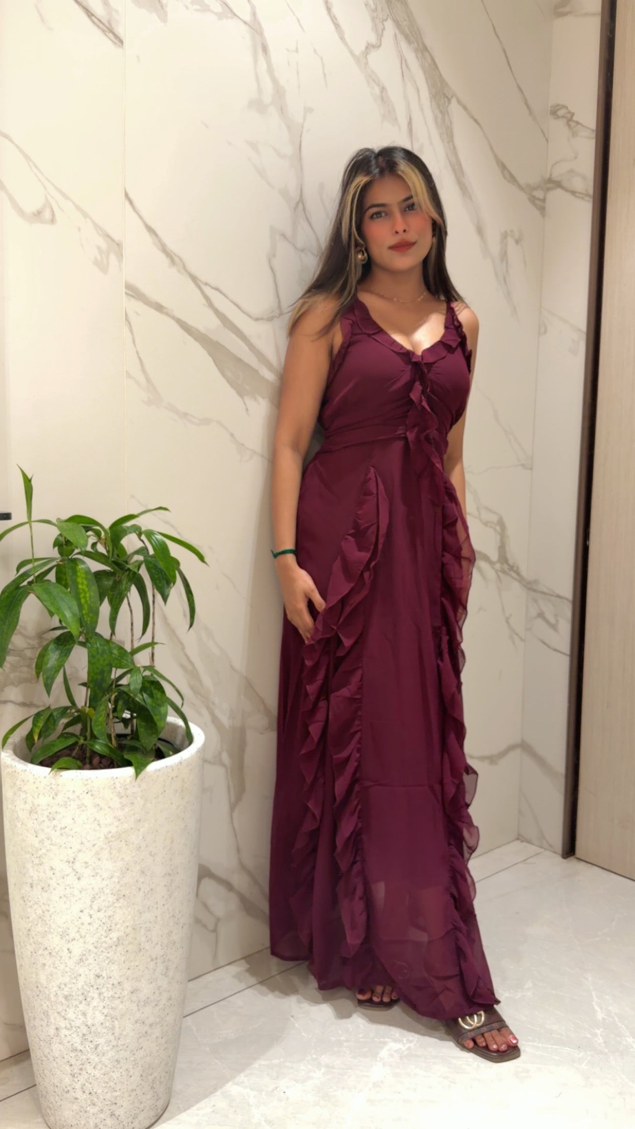 Voxelle Wine Ruffle Flow Maxi Dress