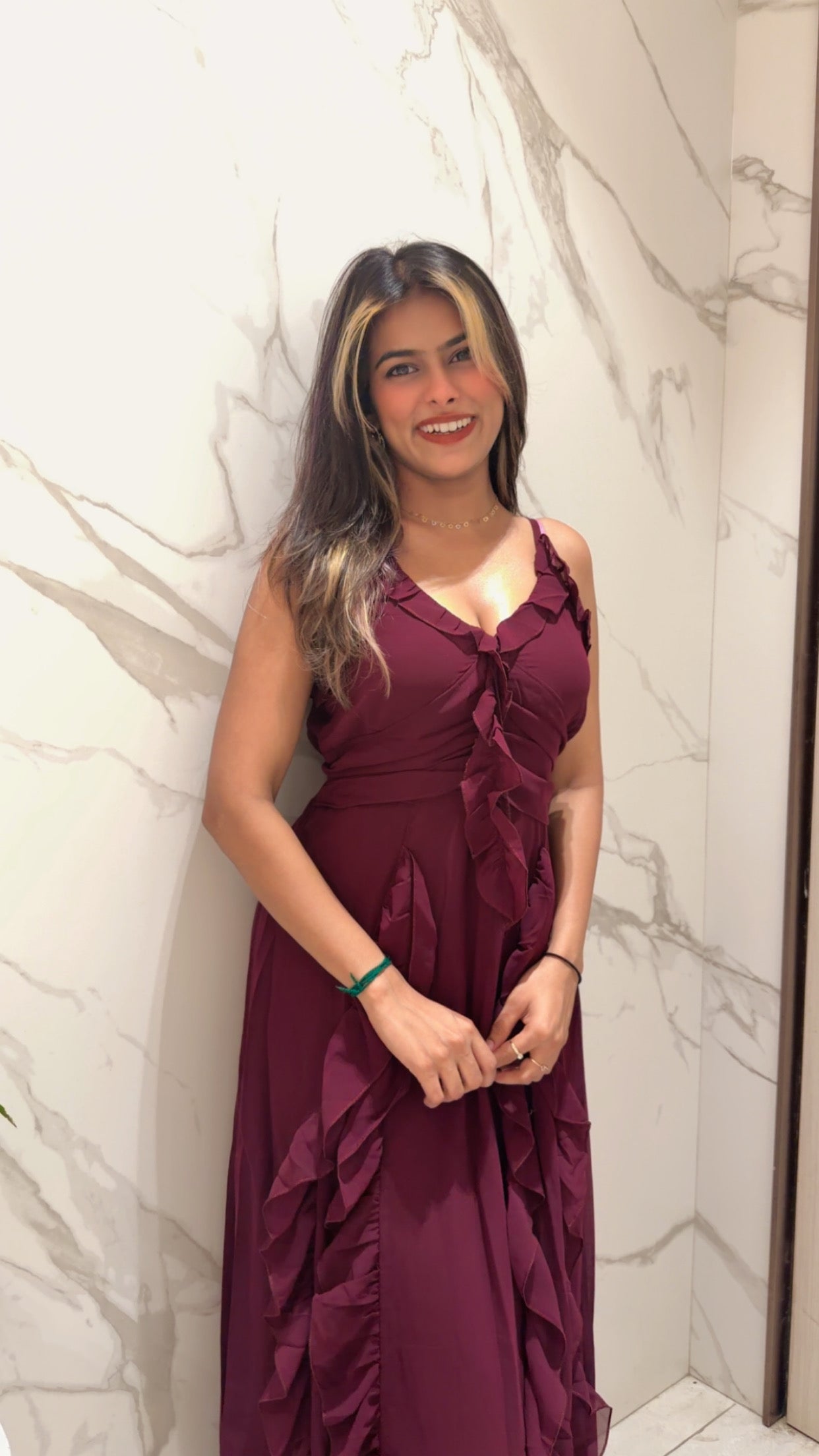Voxelle Wine Ruffle Flow Maxi Dress