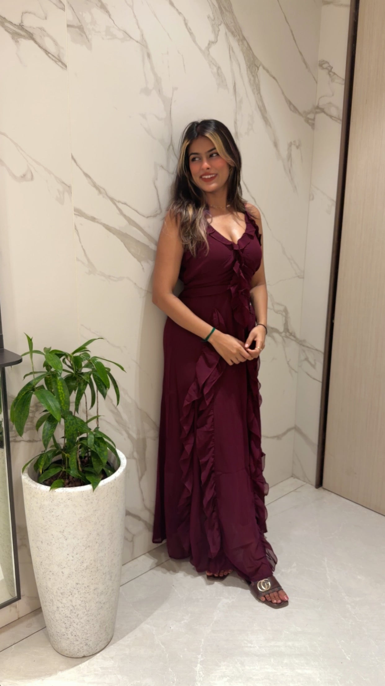 Voxelle Wine Ruffle Flow Maxi Dress