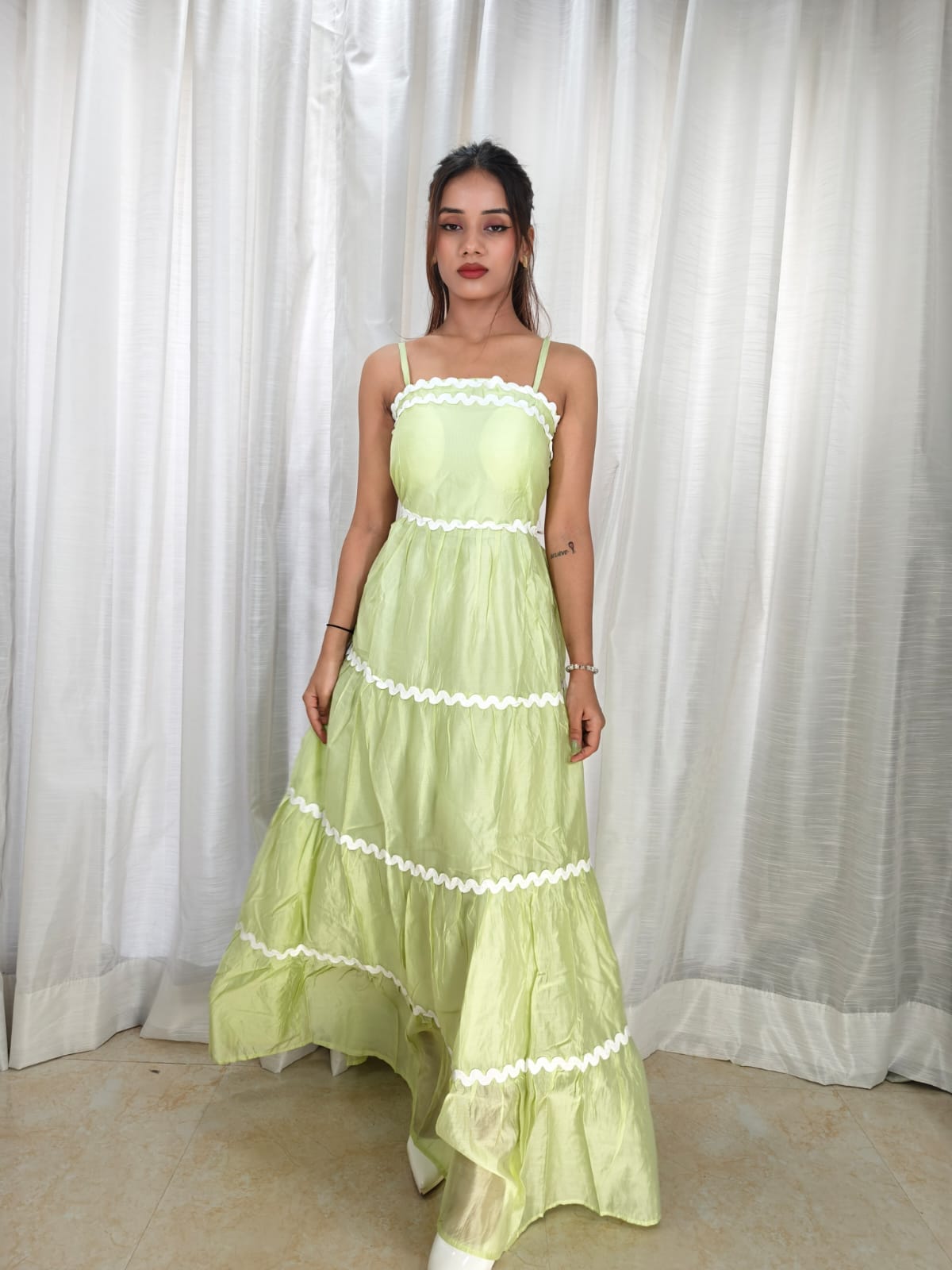 Spaghetti Strap A-line long light Green Dress