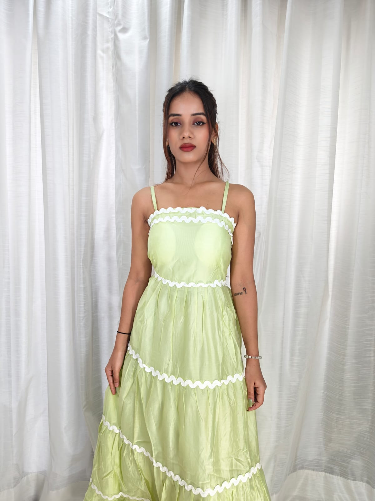 Spaghetti Strap A-line long light Green Dress