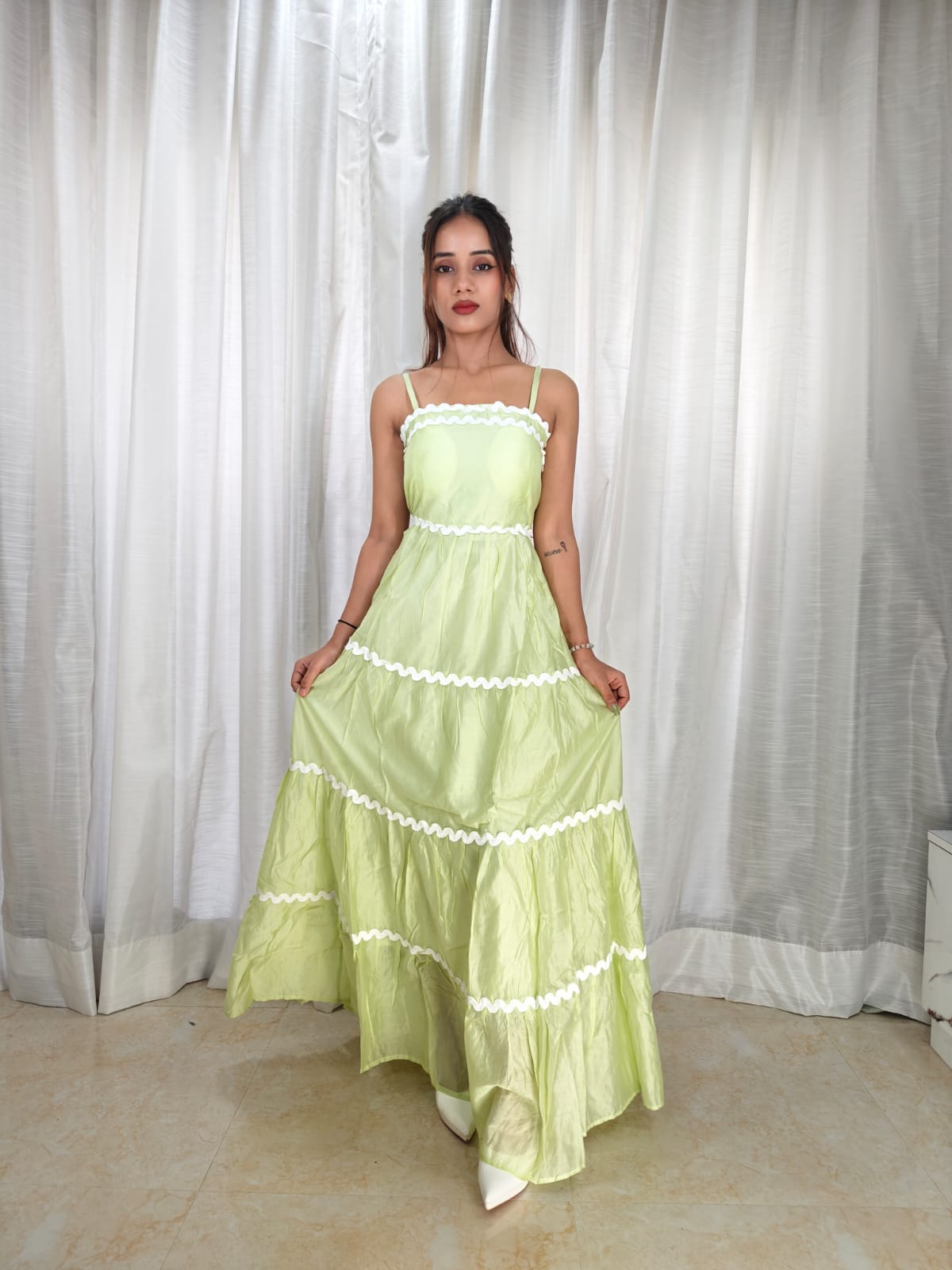 Spaghetti Strap A-line long light Green Dress