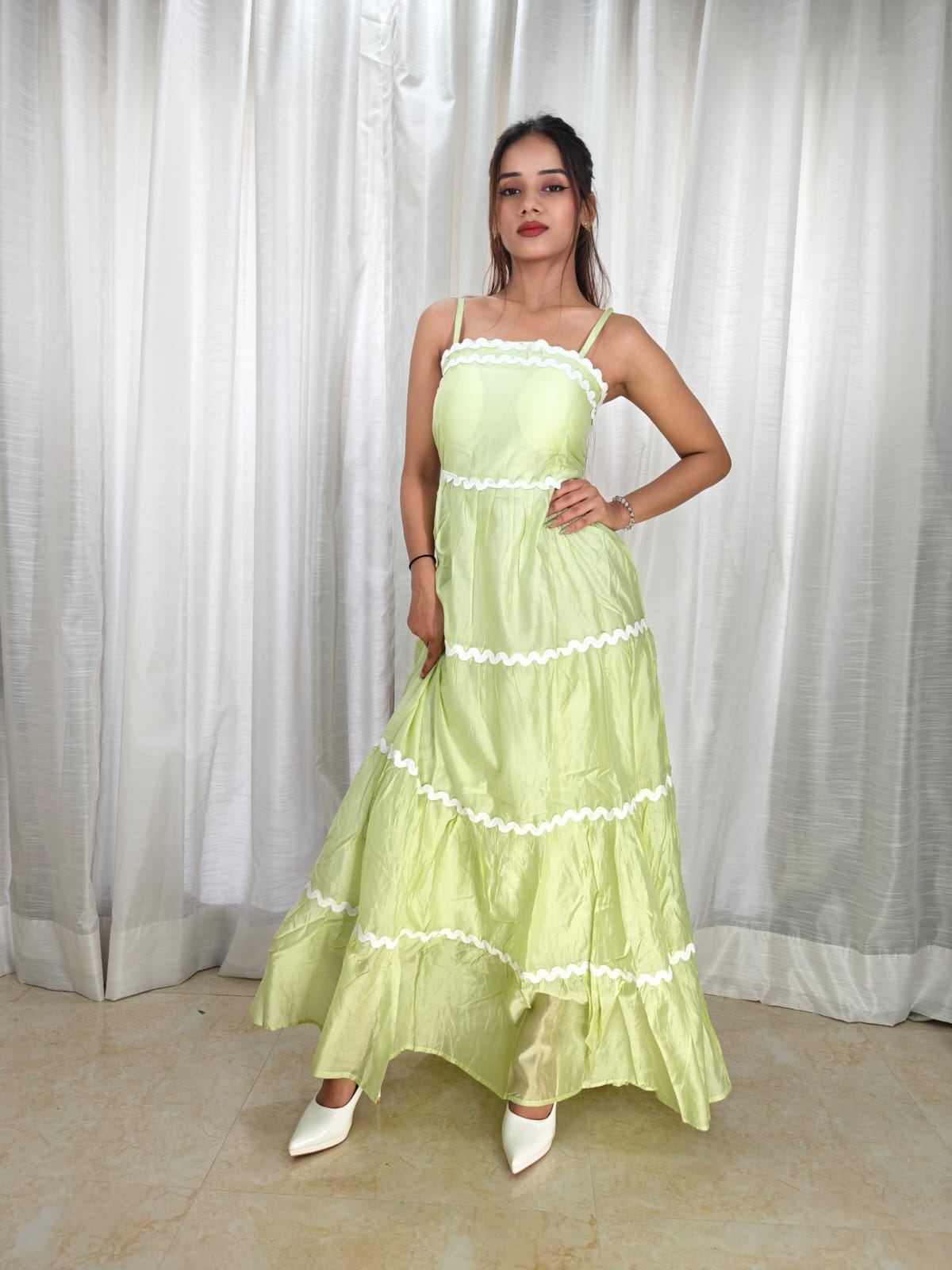 Spaghetti Strap A-line long light Green Dress