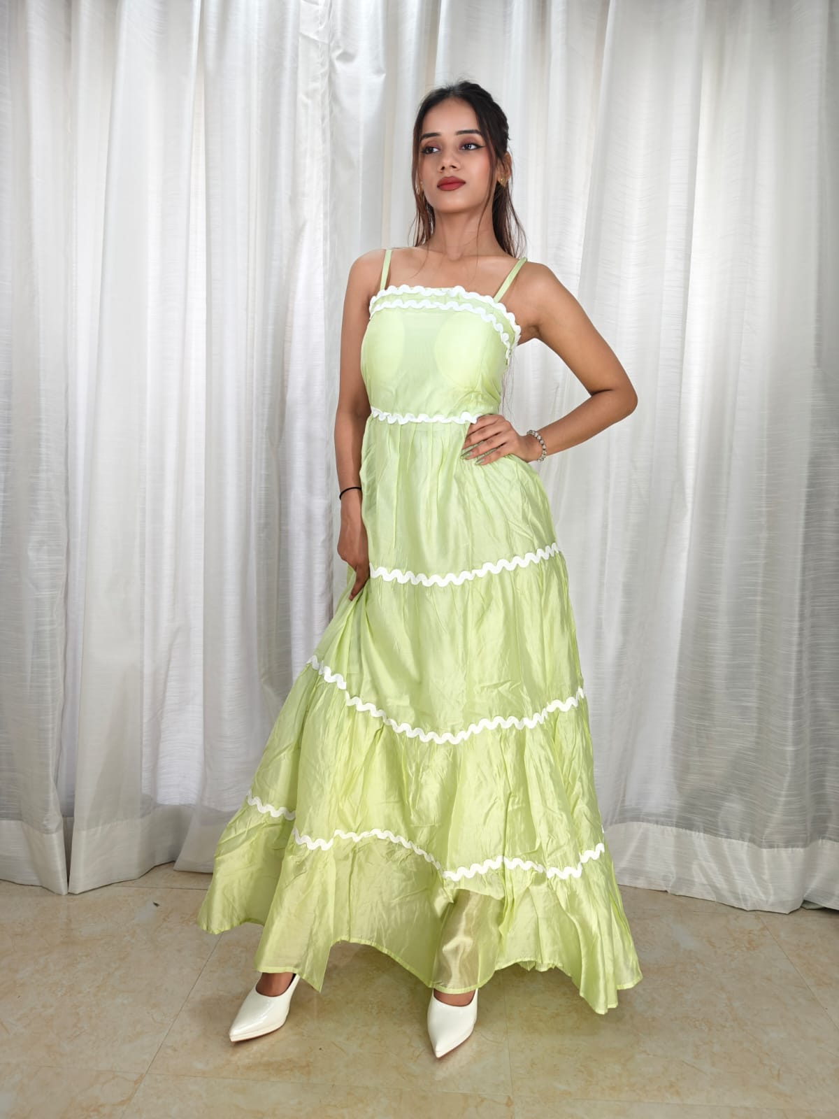 Spaghetti Strap A-line long light Green Dress