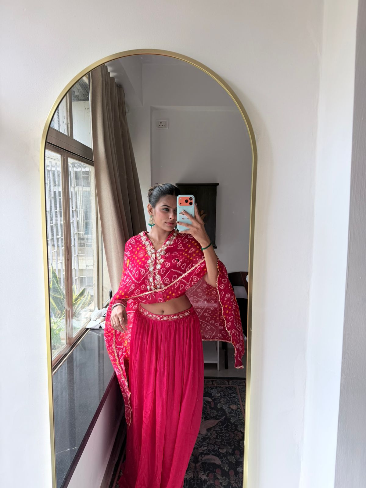 Voxelle Women’s Pink Bandhani Print 3-Piece Lehenga Set with Embroidered Blouse & Dupatta