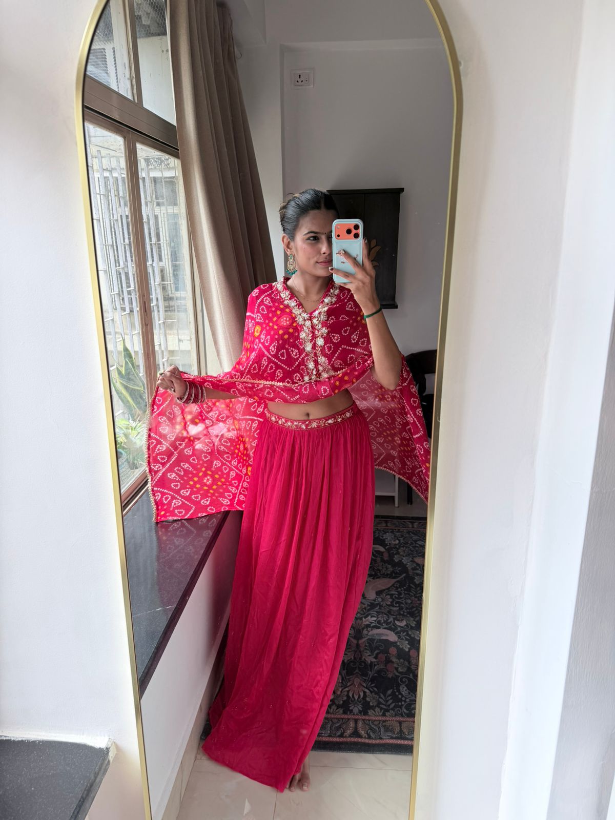 Voxelle Women’s Pink Bandhani Print 3-Piece Lehenga Set with Embroidered Blouse & Dupatta