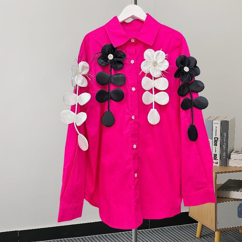 Voxelle Women's Hot Pink Floral Appliqué Shirt | Oversized Casual Western Top | Trendy Gen Z Fashion India