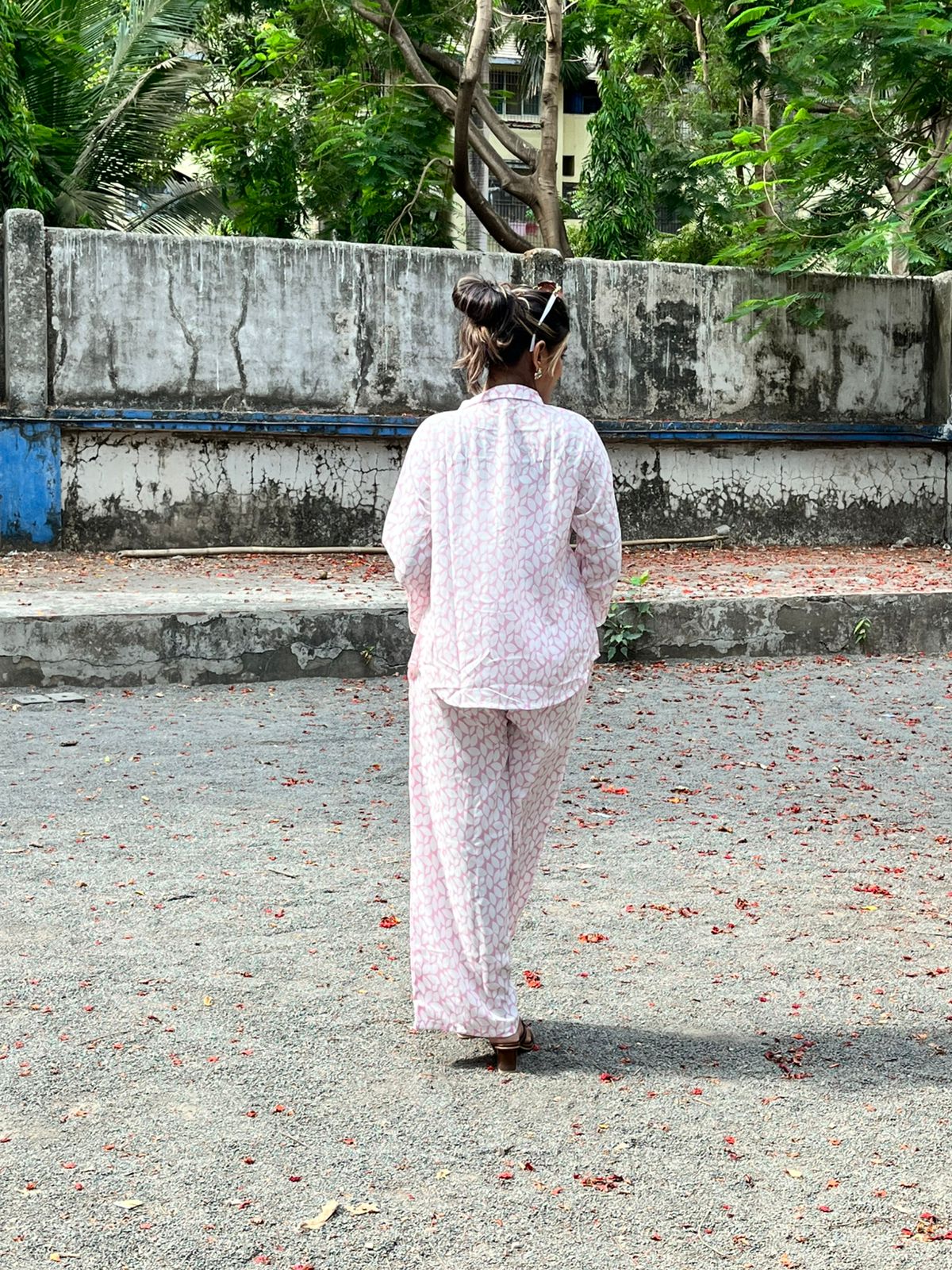 Pastel Pink Leaf-Print Lounge Set